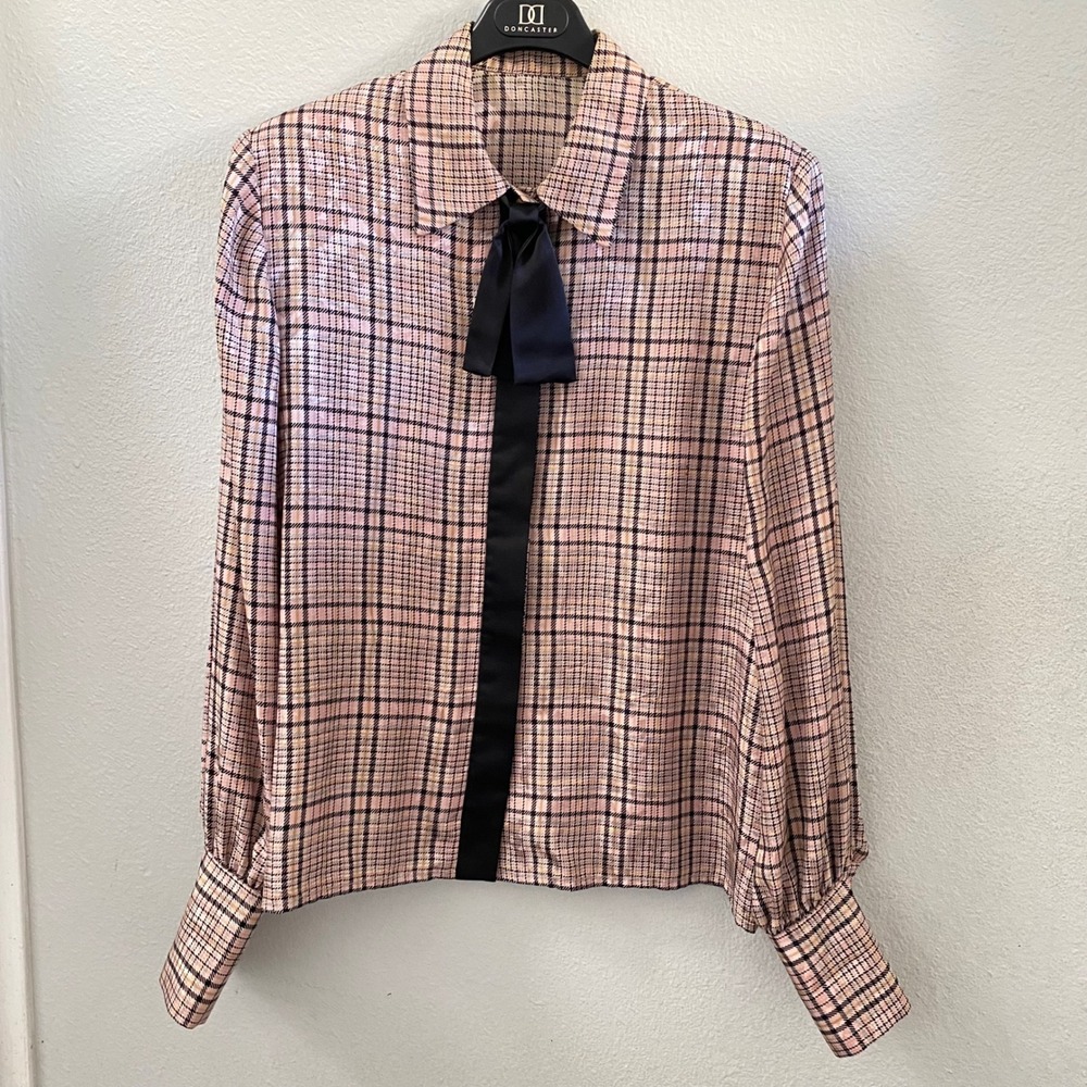 Vintage Doncaster Pink Plaid 100% Silk Blouse Black Tie Neck Long Sleeve Top